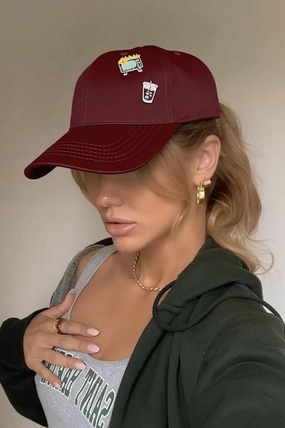 Külah Cat & Coffee Pin Detailed Premium Baseball Cap - Claret Red
