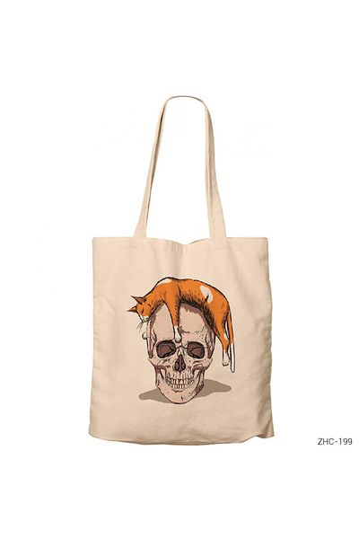 Z zepplin Cat Sleeping on a Skull Cream Zippered Cloth Bag Gabardine