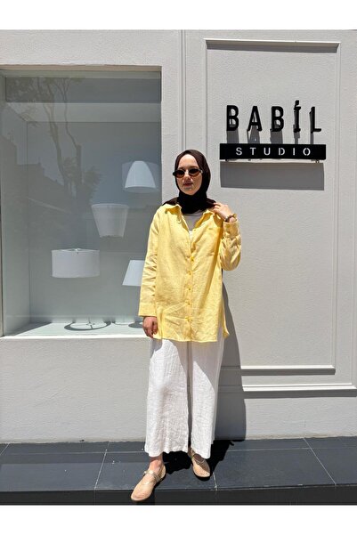 Babil Butik TD3652 Keten Basic Kadın Gömlek Sarı