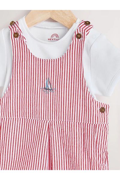 Next Baby 100% Cotton Red Boat Patterned Short Sleeve Salopet Bodysuit Set
