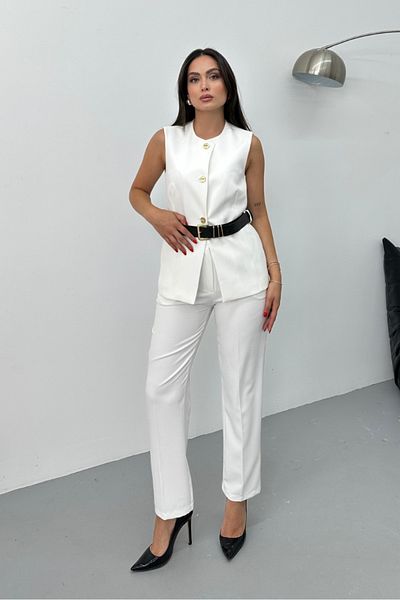 spirituel Women's Double Bottom Top Suit Stylish Button Detailed Belted Crew Neck Regular Vest Pants Suit