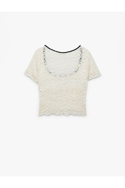 Koton New Season Transparent Bow Detailed Short Sleeve U Neck Lace T-Shirt