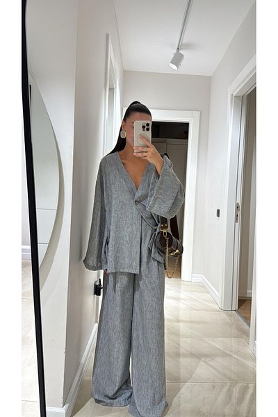 Lady Pixie Linen Single Button Blouse Pants Set