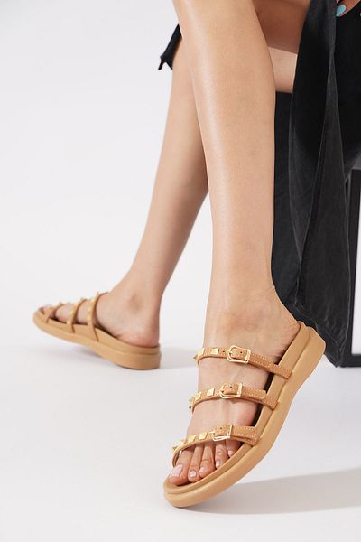Himushe Handy Gold Staple Detailed Three Band Women's Slippers Nut Skin