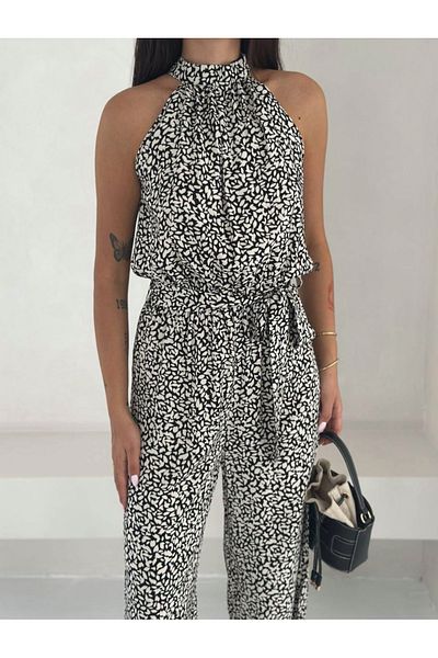 jöns since 1997 Women's Zero Sleeve Waist Elastic Patterned Belted Jumpsuit