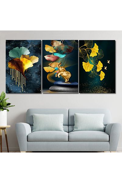 4gdran Three modern floral canvas paintings with a hollow champagne frame