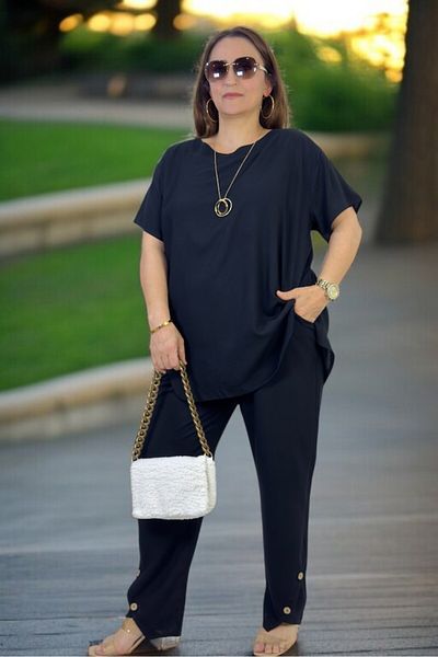 yagmurberen Cotton Viscose Button Detail Short Sleeve Tunic Waist Elastic Pocketed Pants Large Size Double Set