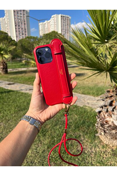 Iphone 15pro Celine Kırmızı Deri Askılı Kılıf