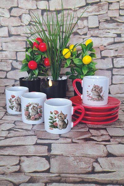 giftkonsept Cute Kitten Printed Red 4-Piece Porcelain Turkish Coffee Cup Set