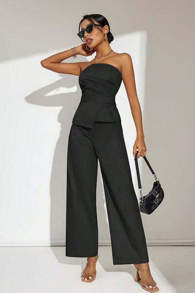 StreetWear Outlet Set Dama, Top Fara Bretele Si Pantaloni Cu Talie Inalta, Culoare Solida