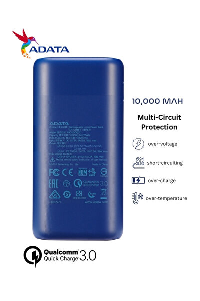 Adata Power Bank P10000QCD | 10,000 mAh | Fast Charging Qualcomm QC 3.0 USB Type-C and Type-A