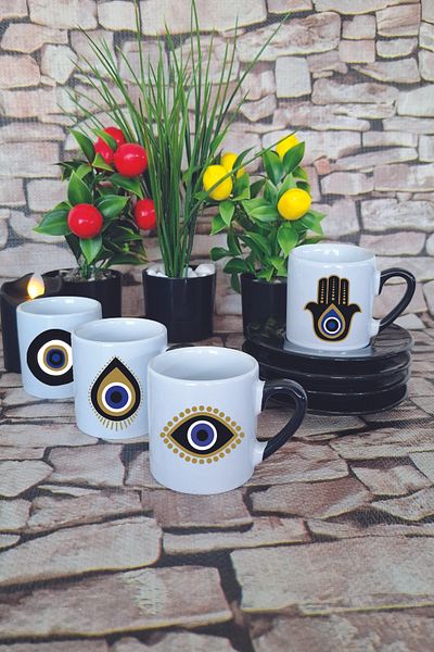 giftkonsept Evil Eye Bead Patterned Printed Black Set of 4 Porcelain Turkish Coffee Cups