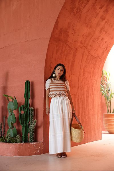 Özge Özgenç Ö.Ö Waist Gathered Self Patterned Linen Skirt