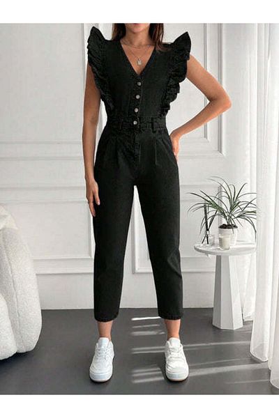StreetWear Outlet Women's Denim Jumpsuit with Ruffled Shoulders