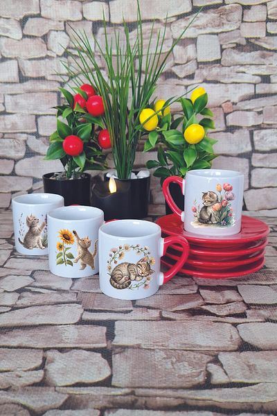 giftkonsept Flower and Cat Themed Printed Red 4-Piece Porcelain Turkish Coffee Cup Set