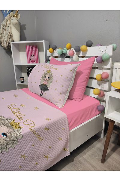 yok yok evim eve dair her şey 4 Piece Little Pirencess Patterned Pink 120X200 Single Pique Bedspread Set with Sheets