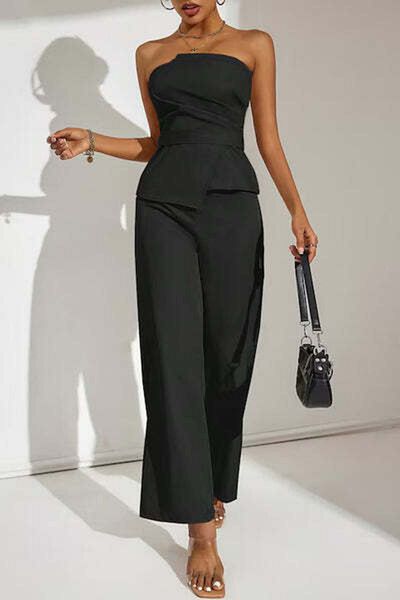 StreetWear Outlet Set Dama, Top Fara Bretele Si Pantaloni Cu Talie Inalta, Culoare Solida