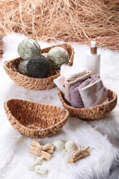 AC BOX Handmade Water Hyacinth Wicker 3 Piece Boat Bread Basket - Multi-Purpose Wicker Boat Basket Set