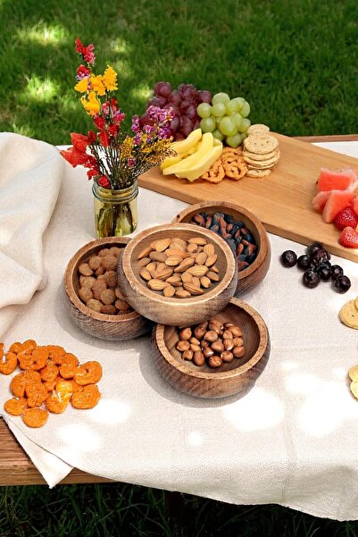 MORLİDO Dark Color Hornbeam Wood 4-Piece Snack Bowl