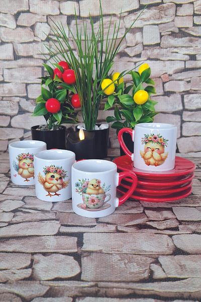 giftkonsept Cute Chicks Printed Red 4-Piece Porcelain Turkish Coffee Cup Set
