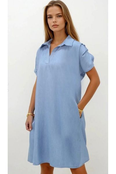 Butik Ayseba Denim Look Short Sleeve Smocked Sleeve Pocket Dress
