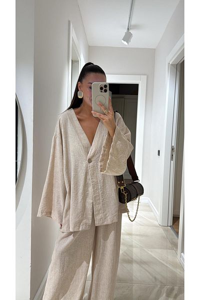 Lady Pixie Linen Single Button Blouse Pants Set