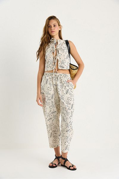 Bianco Lucci Women's Patterned Tie Detailed Blouse Carrot Cut Pants Bottom-Top Linen Suit 9390 60281105