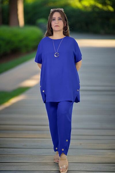 yagmurberen TUNICĂ CU MÂNERĂ SCURTĂ DETALIE BUCĂȚI DE BUMBAC VISCOSĂ PANTALON CU BULĂ ELASTICĂ LA TAILĂ SET DUAL MĂRIME MARE
