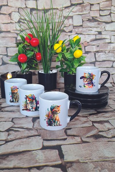 giftkonsept Watercolor Themed Naughty Cats Printed Black Set of 4 Porcelain Turkish Coffee Cups