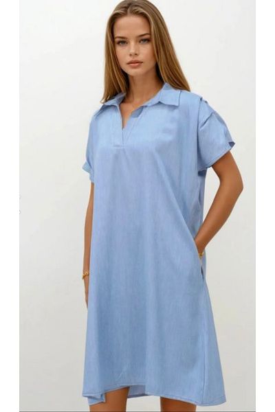 Butik Ayseba Denim Look Short Sleeve Smocked Sleeve Pocket Dress