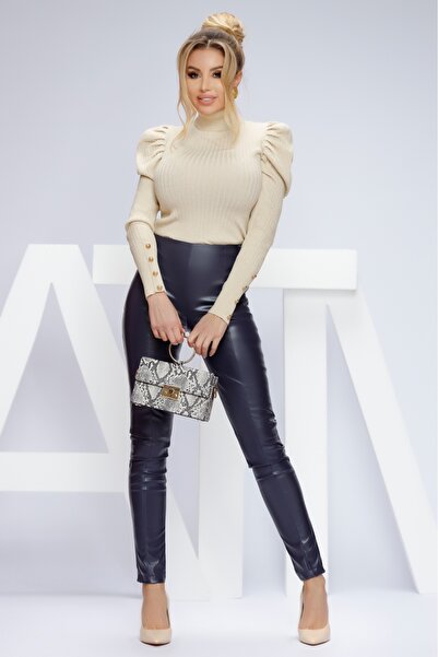 Atmosphere Fashion Pantaloni bleumarin din piele ecologică cu talie înaltă