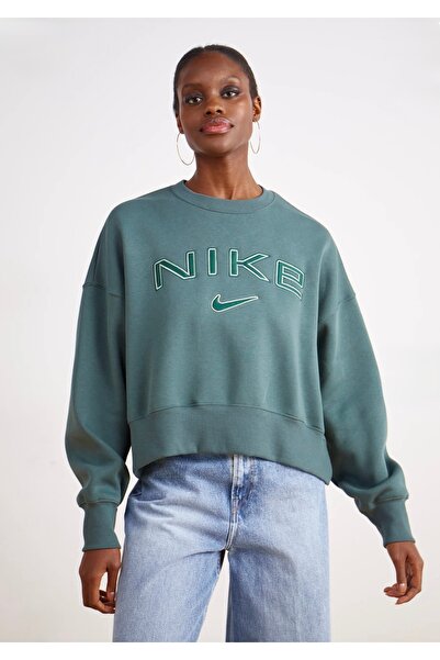 Nike Sportswear Phoenix Fleece Over-Oversized Crew-Neck Logo Yeşil Kadın Sweatshirt