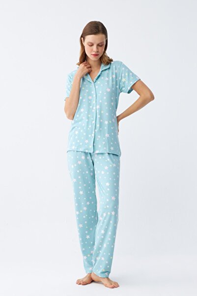 Akbeniz Women's Ice Blue Star Patterned Front Button Pajama Set
