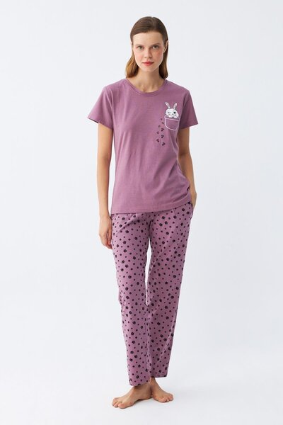 Akbeniz Women's Purple Paw Rabbit Printed Pajama Set with Pockets