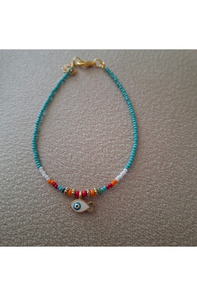 azra takı tasarım Blue Turquoise Women's Anklet with Handmade Fish Figure