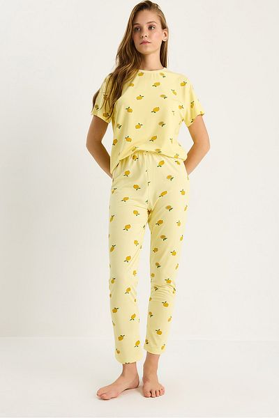 Bianco Lucci Women's Lemon Patterned Crew Neck Short Sleeve Elastic Waist Pajama Set 60283475
