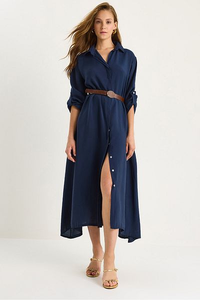 Bianco Lucci Women's Asymmetrical Hem Button Closure Belted Modal Shirt Dress 7012 60283477