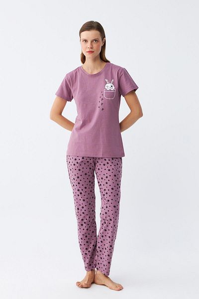 Akbeniz Women's Purple Paw Rabbit Printed Pajama Set with Pockets