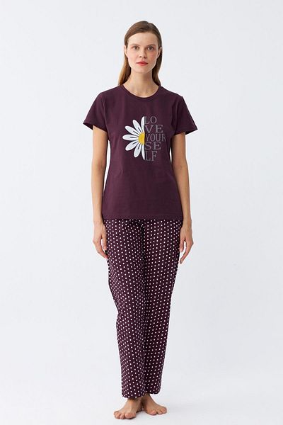 Akbeniz Women's Plum Daisy Printed Short Sleeve Combed Cotton Pajamas Set