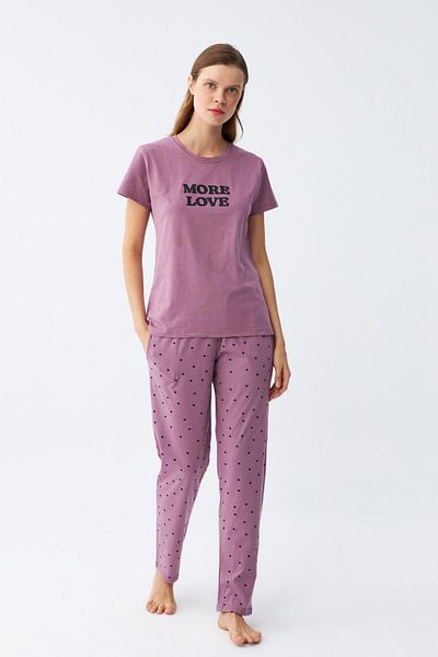 Akbeniz Women's Purple Star Pattern Combed Cotton Short Sleeve Pajama Set