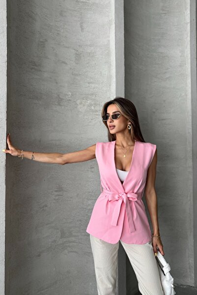 MAT Collection Kadın Pembe Kuşaklı Astarlı Uzun Yelek
