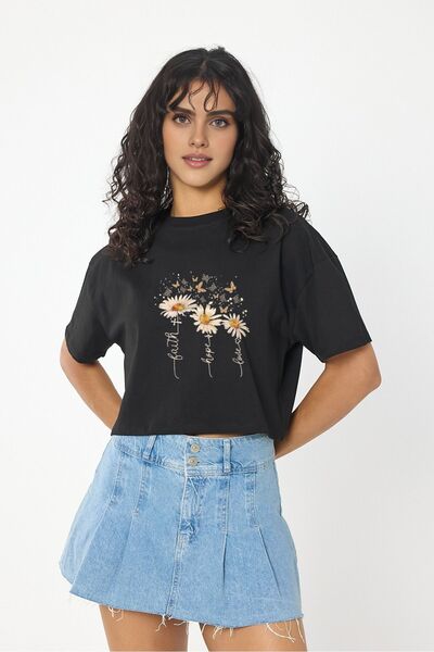 Windy Island guler rotund Black Daisies pentru femei cu imprimeu Crop tricou