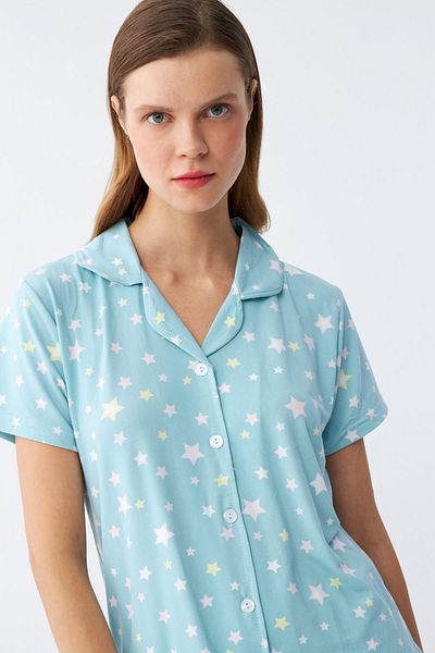Akbeniz Women's Ice Blue Star Patterned Front Button Pajama Set