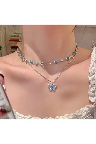 ABETE Mavi Kelebekli Çift Kolye