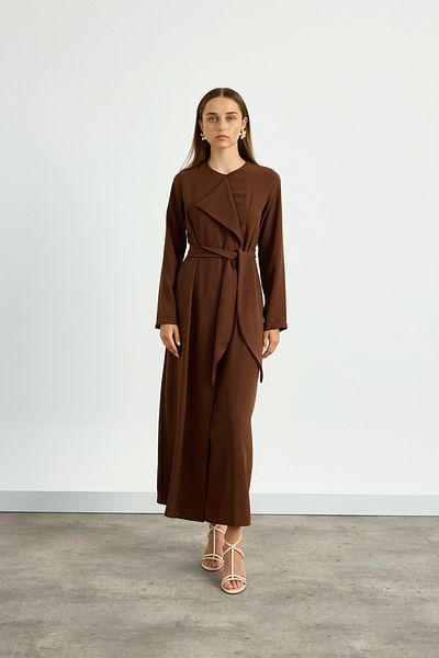 Birgül Bektaş Brown Collar Detailed Belted Dress