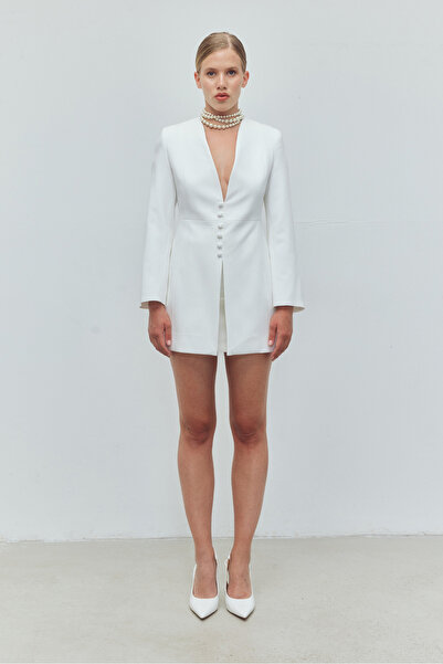 Bohai Design Beyaz Düğme Detaylı Ceket Etek Alt-Üst Takım