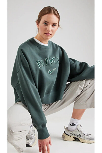 Nike Sportswear Phoenix Fleece Over-Oversized Crew-Neck Logo Yeşil Kadın Sweatshirt