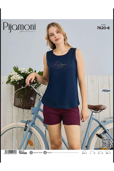 Pijamoni Dark Blue Thick Strap Modal Fabric Pajama Set for Summer