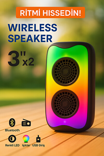 TECHNOMEN Kablosuz Bluetooth Hoparlör RGB Renkli LED Işıklar, FM Radyo, USB G...