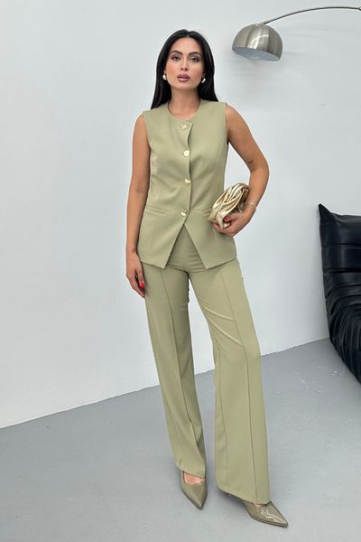spirituel Women's Double Bottom Top Set Stylish Button Detailed Crew Neck Regular Vest Pants Set